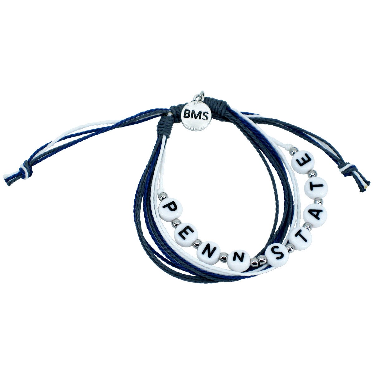 bracelet of navy and white cords with Penn State in beads